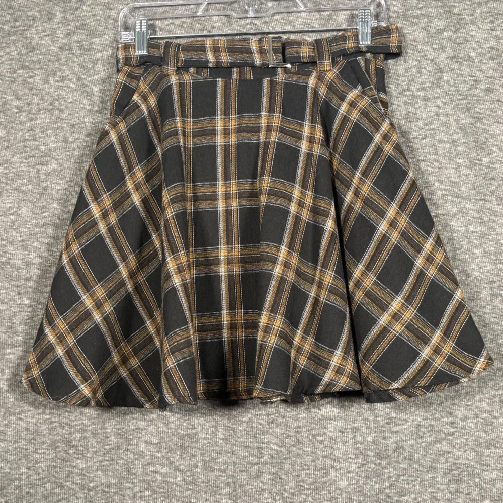 ROMWE Brown Plaid Belted Skater Mini Skirt Womens Size M US 6 High Waisted